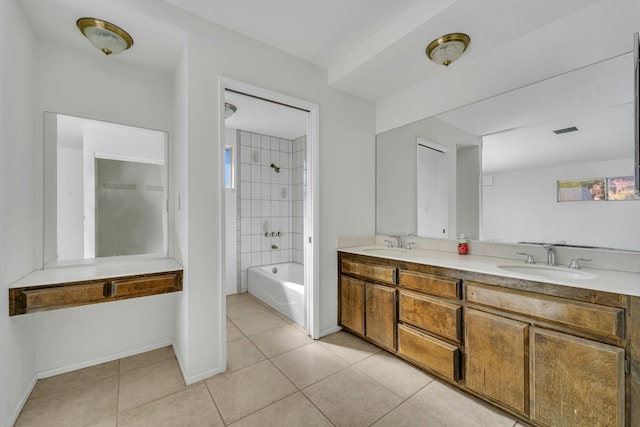 bathroom featuring tile patterned flooring, vanity, and tiled shower / bath combo