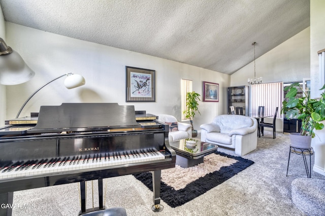 1306 Date Palm Dr, Palmdale, CA 93551 - living area featuring lofted ceiling, carpet floors, a chandelier, and a textured ceiling