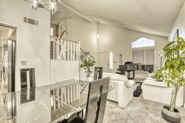1306 Date Palm Dr, Palmdale, CA 93551 - living room featuring vaulted ceiling, stairway, a chandelier, and carpet