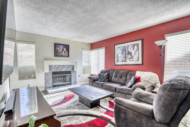 1306 Date Palm Dr, Palmdale, CA 93551 - living room featuring plenty of natural light, a textured ceiling, and a fireplace