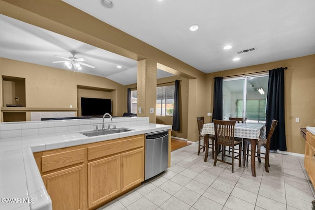 38160 Antibes Dr, Palmdale, CA 93552 - kitchen with dishwasher, tile countertops, light tile patterned floors, recessed lighting, and a ceiling fan