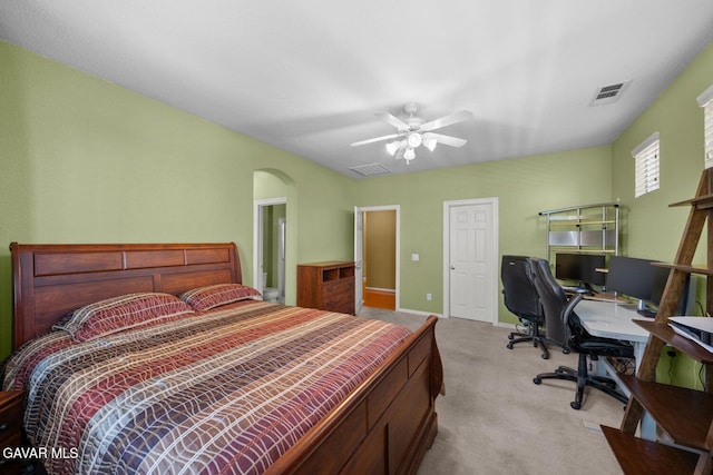 38160 Antibes Dr, Palmdale, CA 93552 - carpeted bedroom with a desk, arched walkways, and a ceiling fan