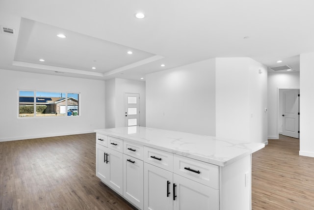 kitchen with visible vents, light stone countertops, a raised ceiling, light wood-type flooring, and open floor plan