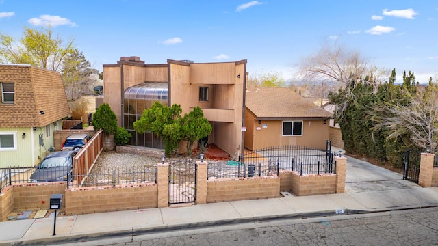 southwest-style home with a fenced front yard, stucco siding, and a gate