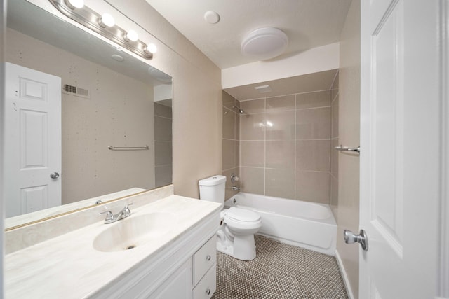 full bathroom with vanity, visible vents, tile patterned flooring, toilet, and shower / bathtub combination