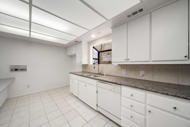 kitchen with visible vents, a sink, tasteful backsplash, white cabinetry, and white dishwasher