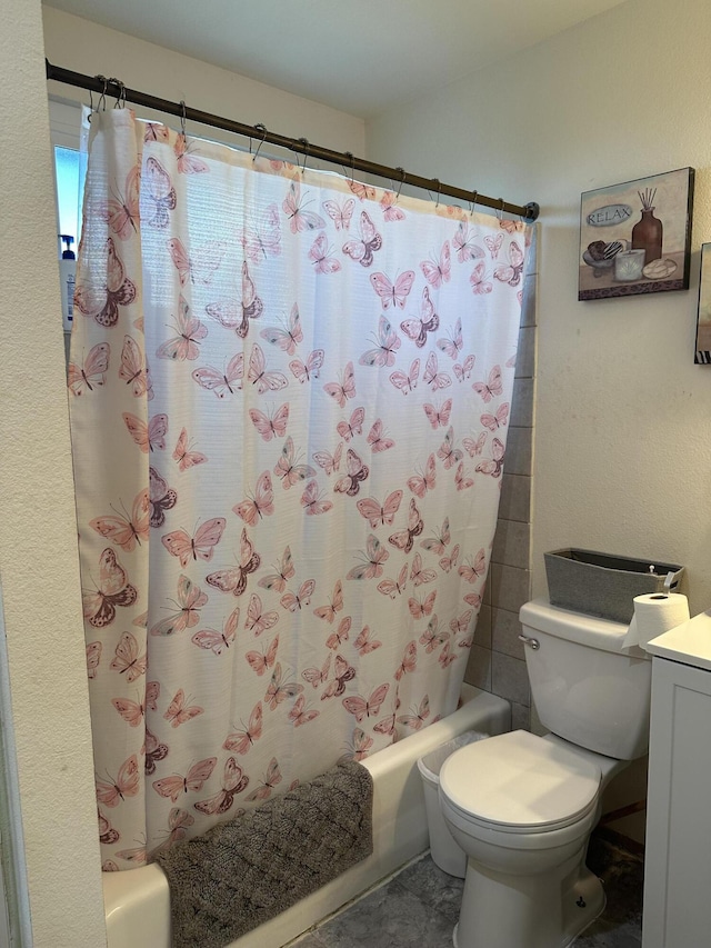 full bathroom with toilet, shower / tub combo, and vanity