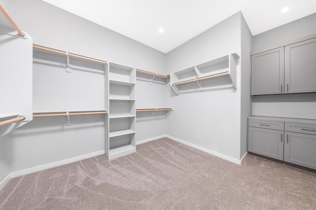 spacious closet featuring light colored carpet