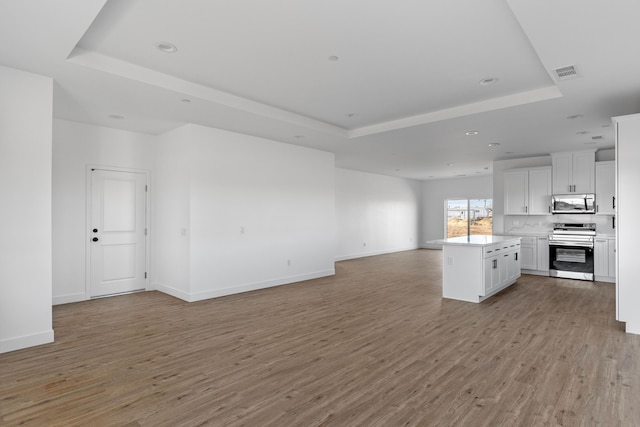 kitchen with open floor plan, appliances with stainless steel finishes, and a tray ceiling