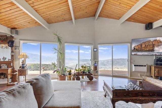 23761 El Rancho Dr, Tehachapi, CA 93561 - living room with wood finished floors, high vaulted ceiling, and wooden ceiling with exposed beams
