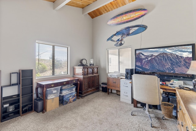 23761 El Rancho Dr, Tehachapi, CA 93561 - office space with carpet flooring, wooden ceiling with exposed beams, and high vaulted ceiling