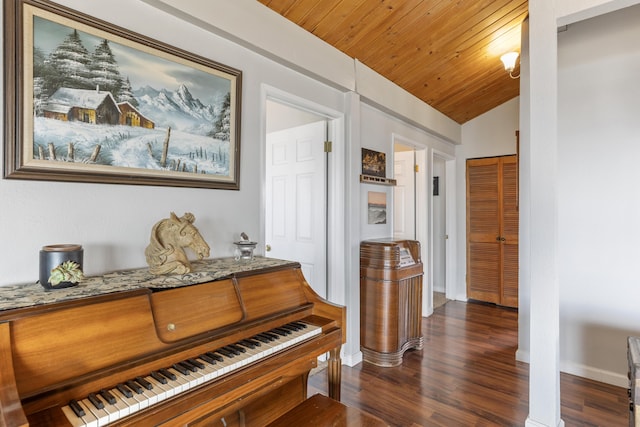 23761 El Rancho Dr, Tehachapi, CA 93561 - hall with dark wood-style flooring, baseboards, vaulted ceiling, and wood ceiling
