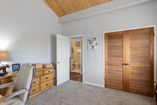 23761 El Rancho Dr, Tehachapi, CA 93561 - office featuring carpet flooring, wooden ceiling with exposed beams, baseboards, and high vaulted ceiling