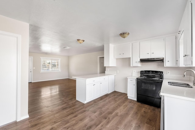 kitchen with black electric range oven, sink, white cabinetry, dark hardwood / wood-style flooring, and kitchen peninsula