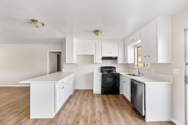 kitchen with white cabinets, sink, stainless steel dishwasher, and electric range