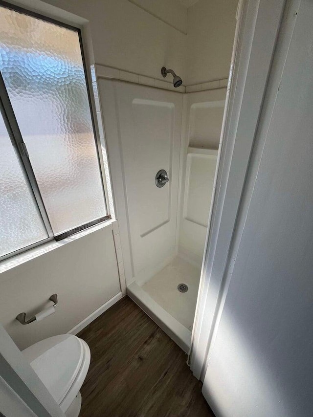 bathroom with wood-type flooring, toilet, and walk in shower