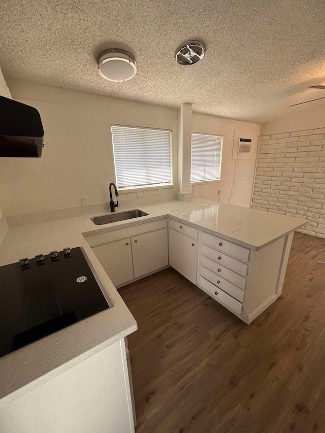 kitchen with white cabinetry, sink, dark hardwood / wood-style flooring, kitchen peninsula, and black electric cooktop