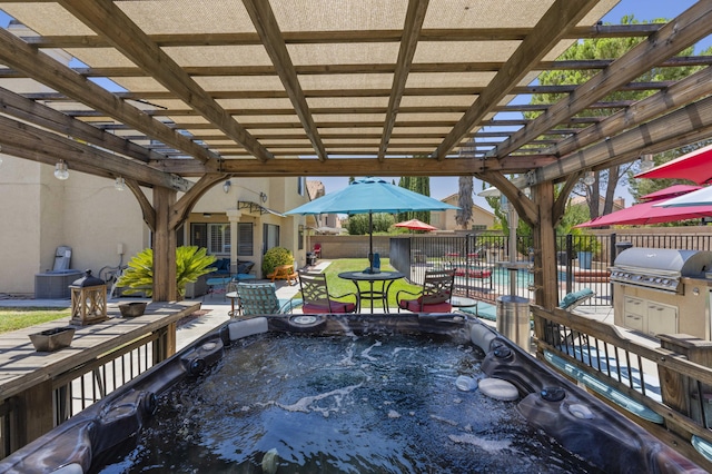 view of patio with area for grilling, central AC, and a pergola