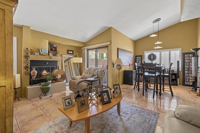 tiled living room featuring vaulted ceiling