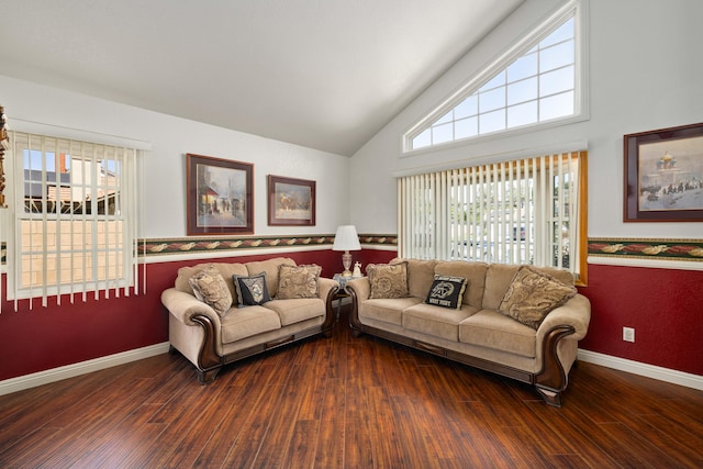 living room featuring wood-type flooring and vaulted ceiling