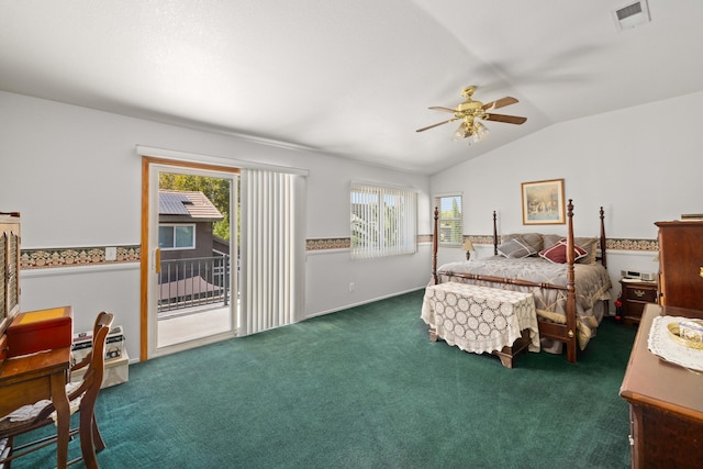 carpeted bedroom with ceiling fan, access to exterior, and vaulted ceiling