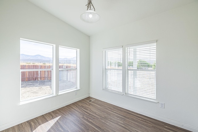 spare room with a mountain view, plenty of natural light, dark hardwood / wood-style floors, and vaulted ceiling