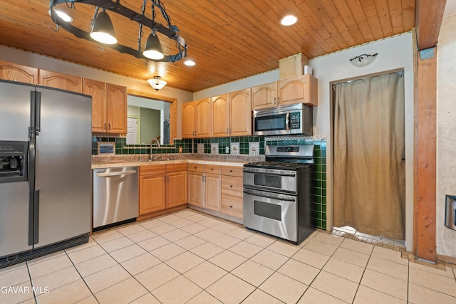 45503 Lorimer Ave, Lancaster, CA 93534 - kitchen with stainless steel appliances, wooden ceiling, light countertops, tasteful backsplash, and light tile patterned flooring