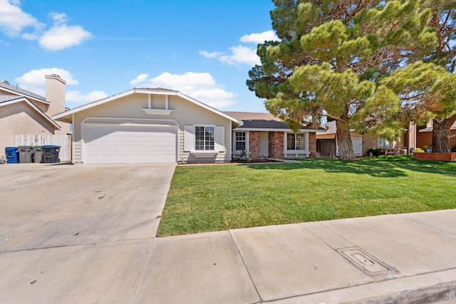 single story home with brick siding, a front yard, driveway, and an attached garage