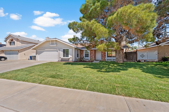 ranch-style house with a front lawn, driveway, a garage, and fence