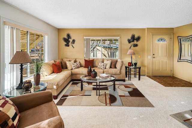 carpeted living room featuring a textured ceiling