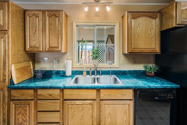 kitchen featuring sink, crown molding, and black appliances