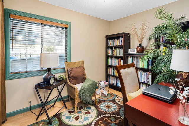 office with a textured ceiling and hardwood / wood-style flooring