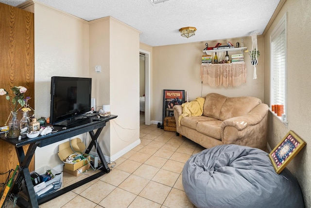 tiled living room with a textured ceiling