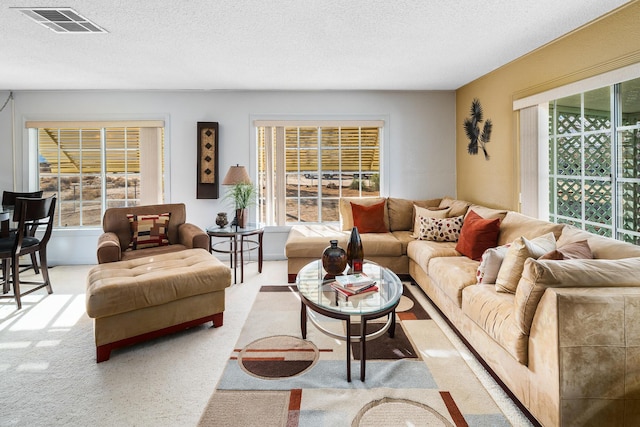 living room featuring light colored carpet and a textured ceiling