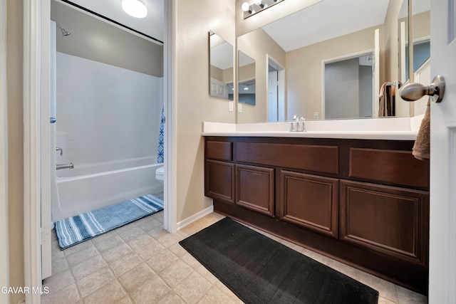 2354 Crimson Ave, Rosamond, CA 93560 - bathroom with shower / tub combo with curtain, vanity, and tile patterned flooring