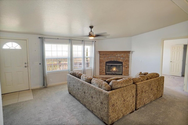 living room featuring ceiling fan and light carpet