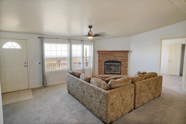 living room with light colored carpet and ceiling fan