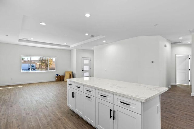 kitchen featuring a raised ceiling, dark hardwood / wood-style floors, white cabinetry, and light stone counters