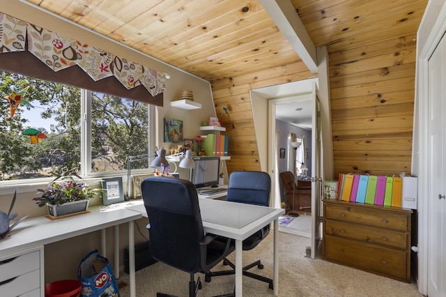 carpeted office space with wooden walls and wooden ceiling