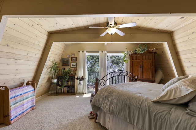 bedroom featuring ceiling fan, carpet, vaulted ceiling, wooden ceiling, and wood walls