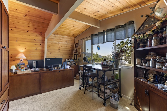 carpeted office featuring wood ceiling and lofted ceiling with beams