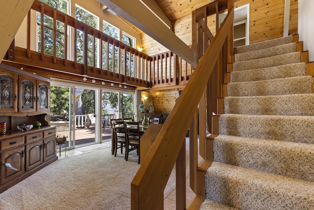 staircase featuring carpet flooring, wooden ceiling, and a high ceiling