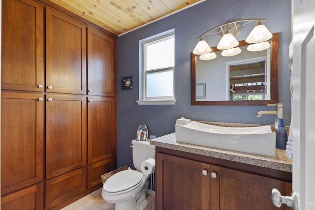 bathroom with vanity, wood ceiling, tile patterned floors, and toilet