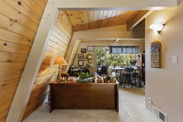 office featuring carpet floors, vaulted ceiling with beams, wooden ceiling, and wooden walls