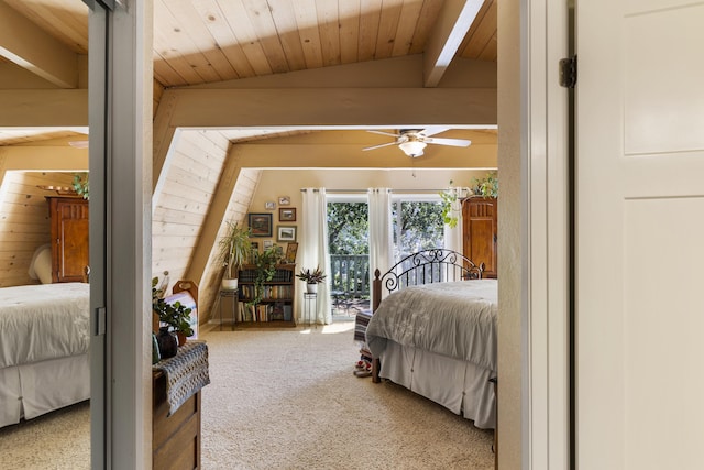 carpeted bedroom featuring vaulted ceiling with beams, access to outside, wood ceiling, and ceiling fan