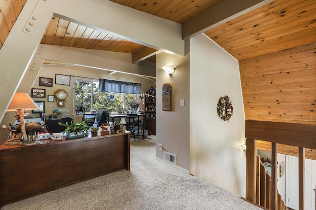 carpeted office space featuring vaulted ceiling with beams and wooden ceiling