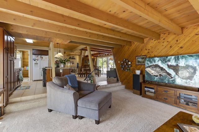 interior space featuring light carpet, wood ceiling, wooden walls, and beamed ceiling