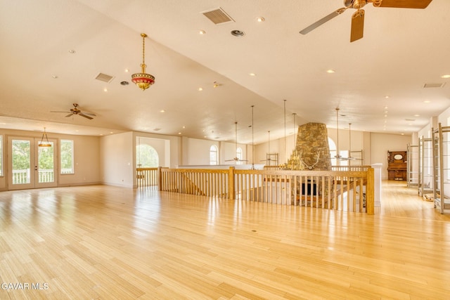 9250 Elizabeth Lake Rd, Leona Valley, CA 93551 - empty room featuring a ceiling fan, light wood-style flooring, vaulted ceiling, and recessed lighting