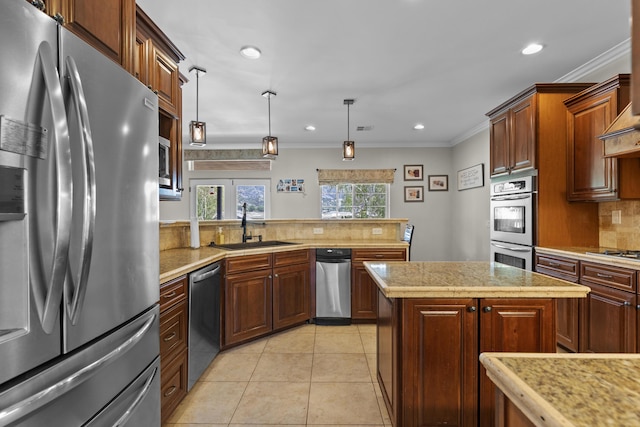 23600 Dart Dr, Tehachapi, CA 93561 - kitchen featuring appliances with stainless steel finishes, a sink, backsplash, crown molding, and light tile patterned floors