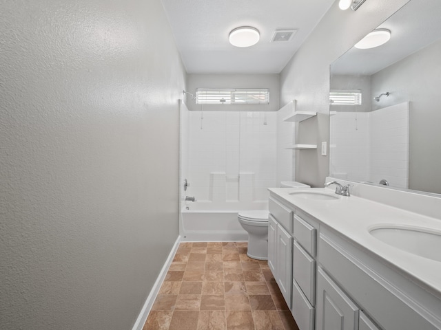 full bathroom featuring baseboards, visible vents, shower / washtub combination, and a sink